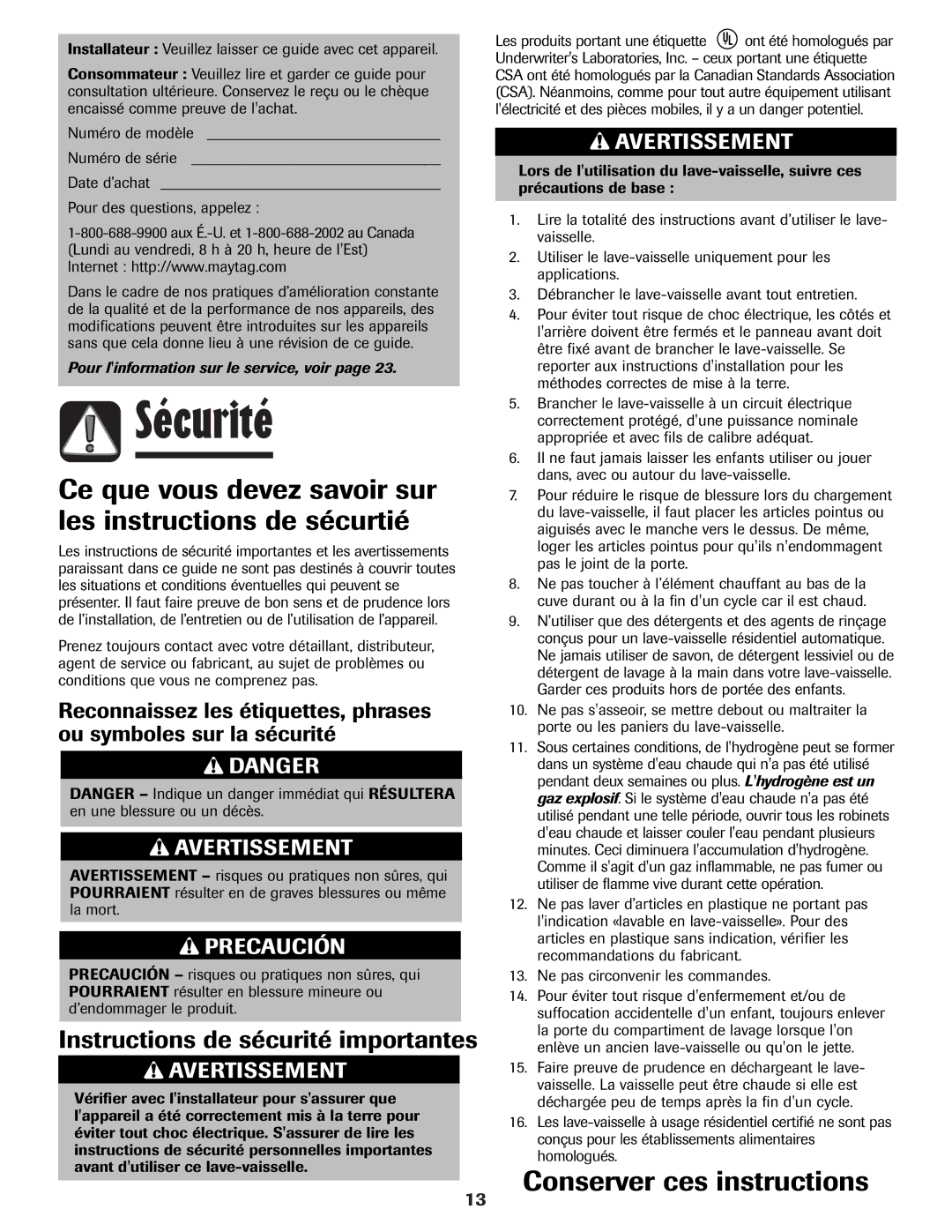 Maytag MDB-7 warranty Sécurité, Ce que vous devez savoir sur les instructions de sécurtié, Conserver ces instructions 