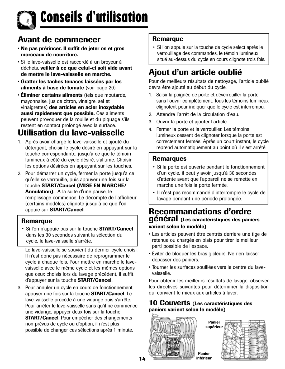 Maytag MDB-7 warranty Conseils dutilisation, Avant de commencer, Utilisation du lave-vaisselle, Ajout d’un article oublié 