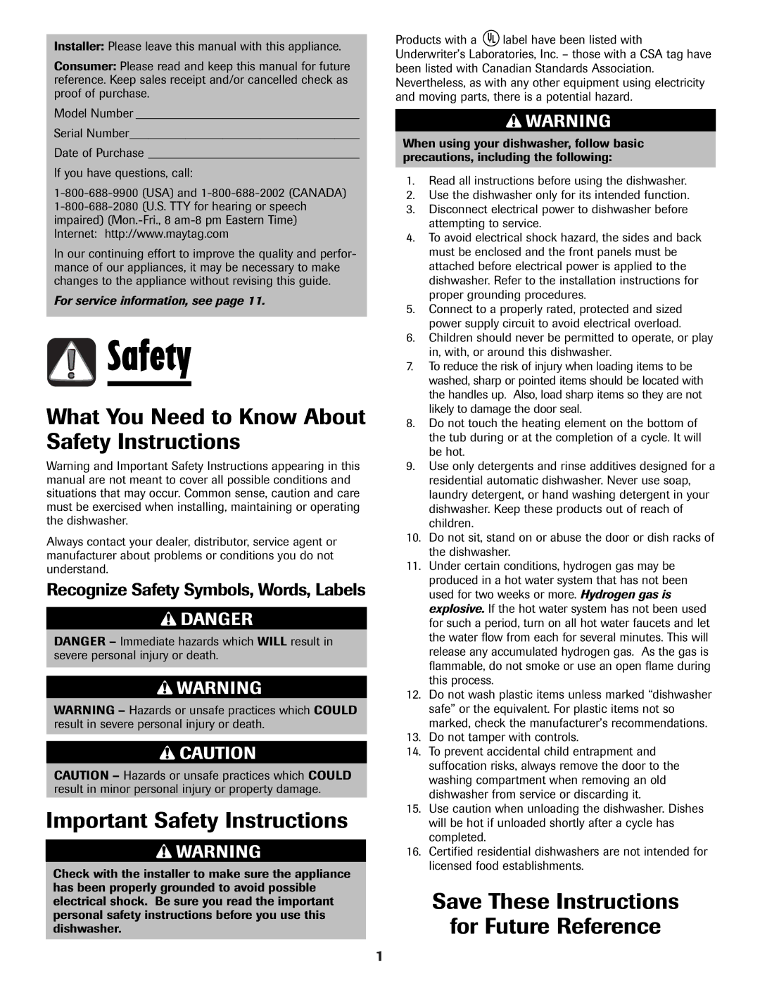 Maytag MDB-7 What You Need to Know About Safety Instructions, Important Safety Instructions, For Future Reference 