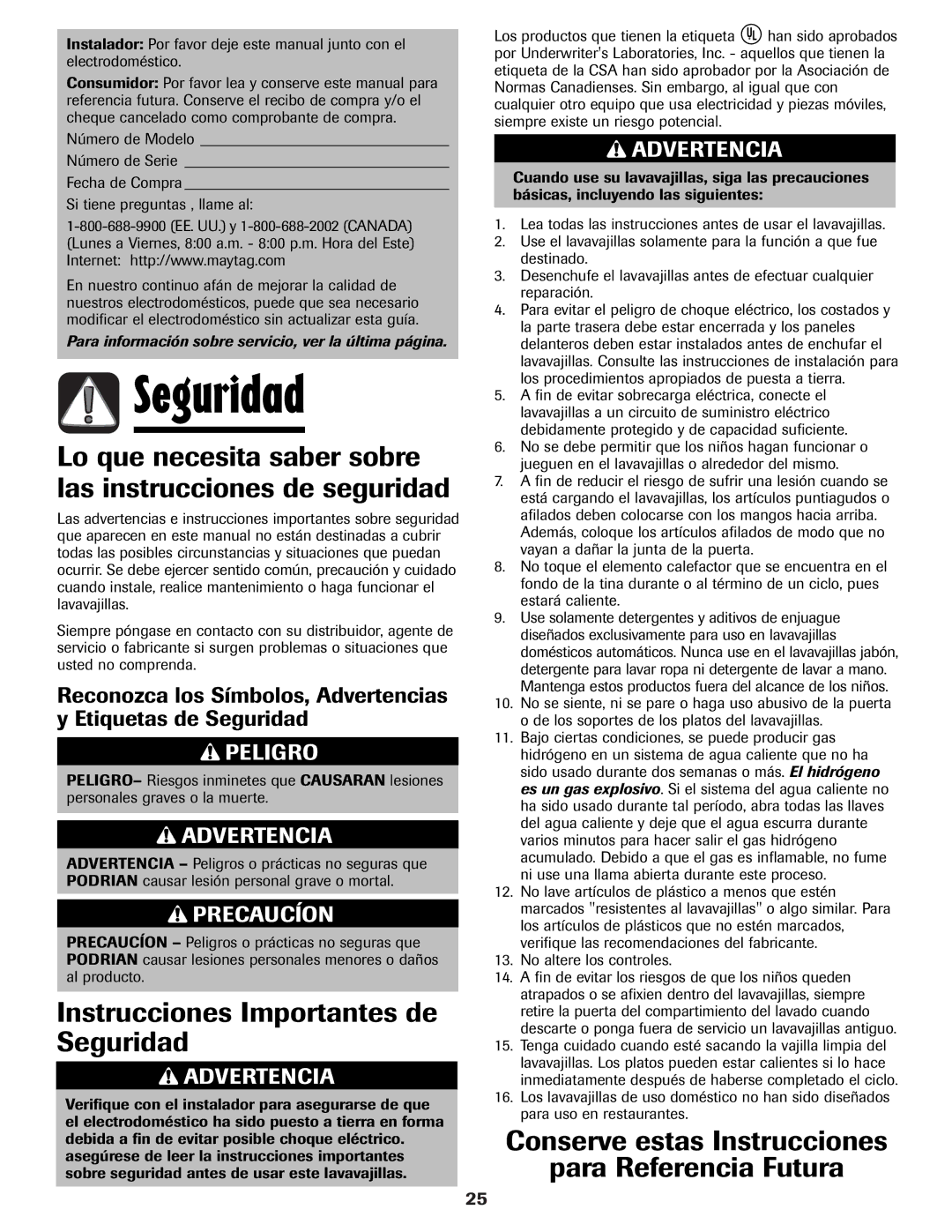 Maytag MDB-7 Lo que necesita saber sobre las instrucciones de seguridad, Instrucciones Importantes de Seguridad 