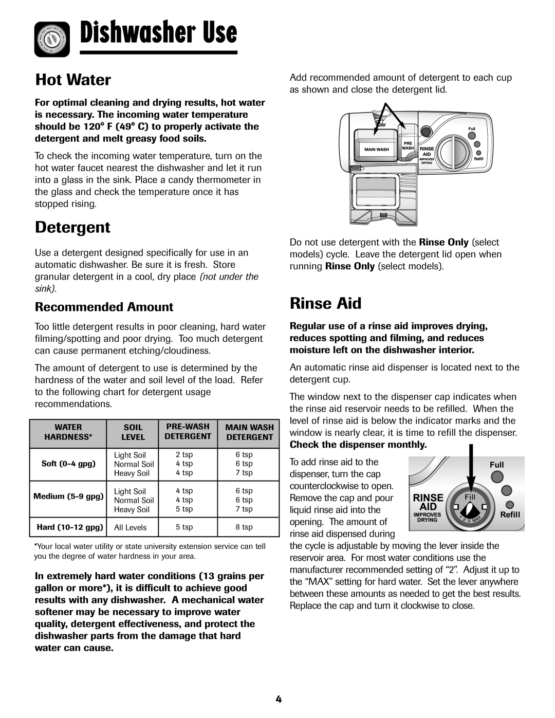 Maytag MDB-7 warranty Hot Water, Detergent, Rinse Aid, Recommended Amount 