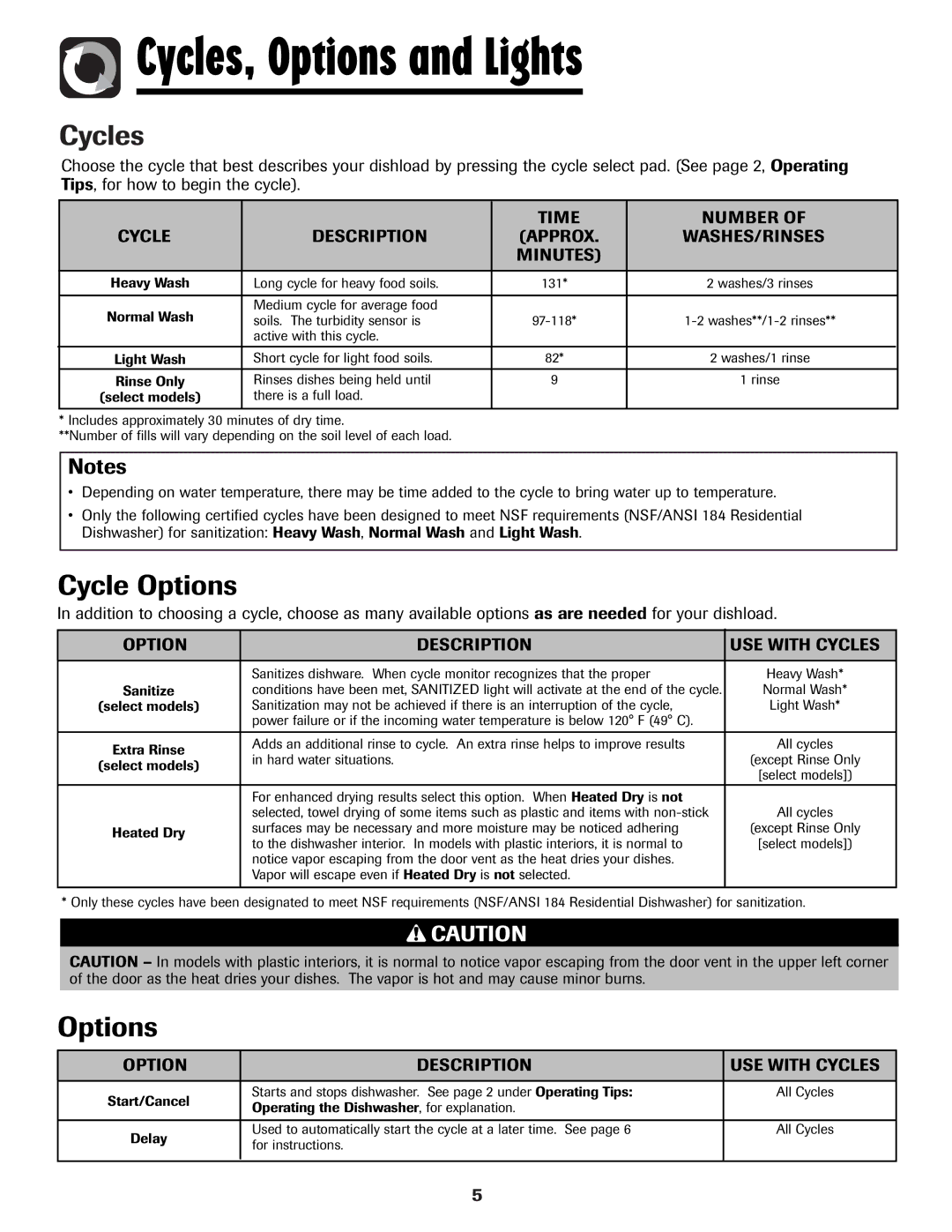 Maytag MDB-7 warranty Cycles, Options and Lights, Cycle Options 