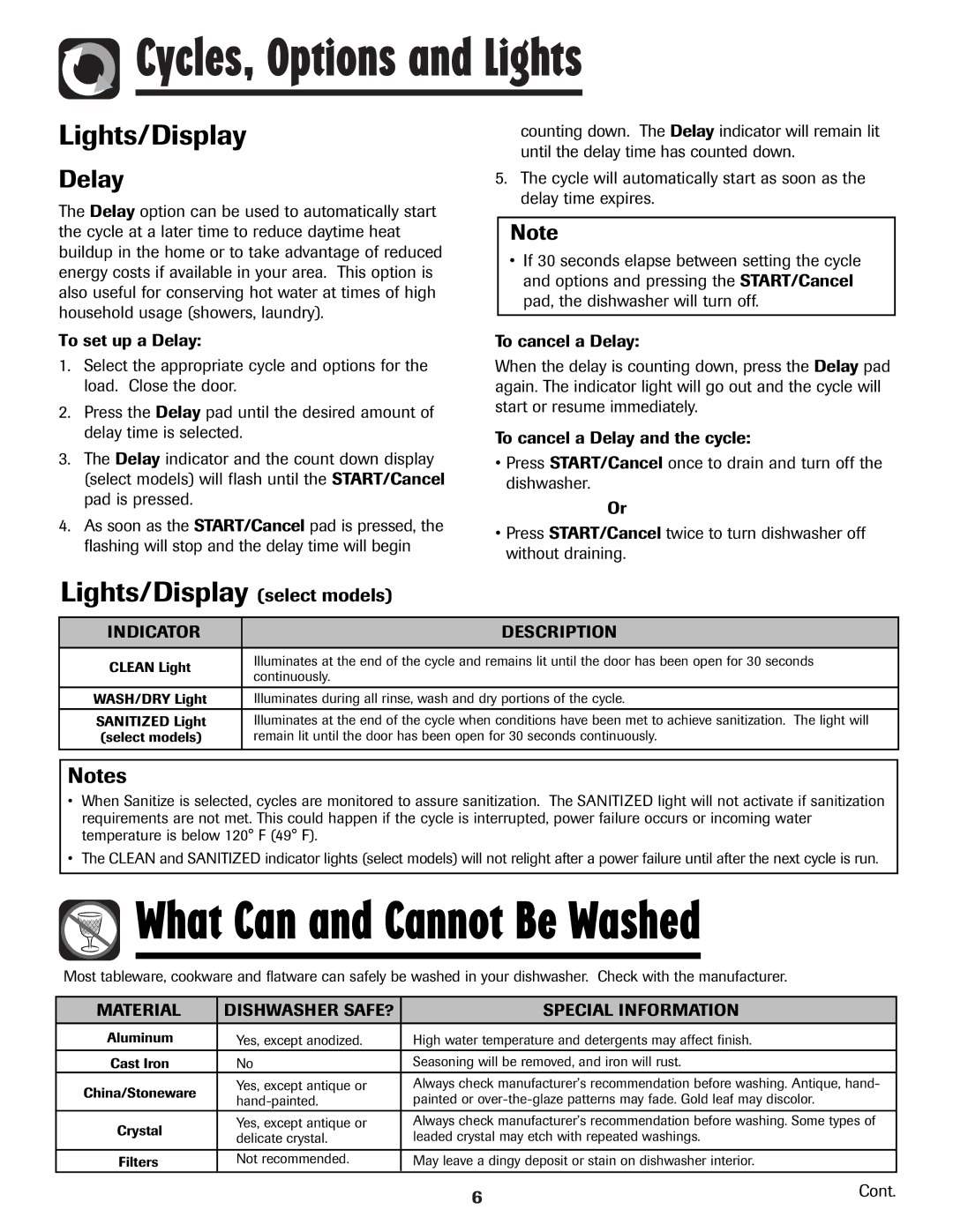 Maytag MDB-7 Lights/Display select models, Delay, Indicator Description, Material Dishwasher SAFE? Special Information 