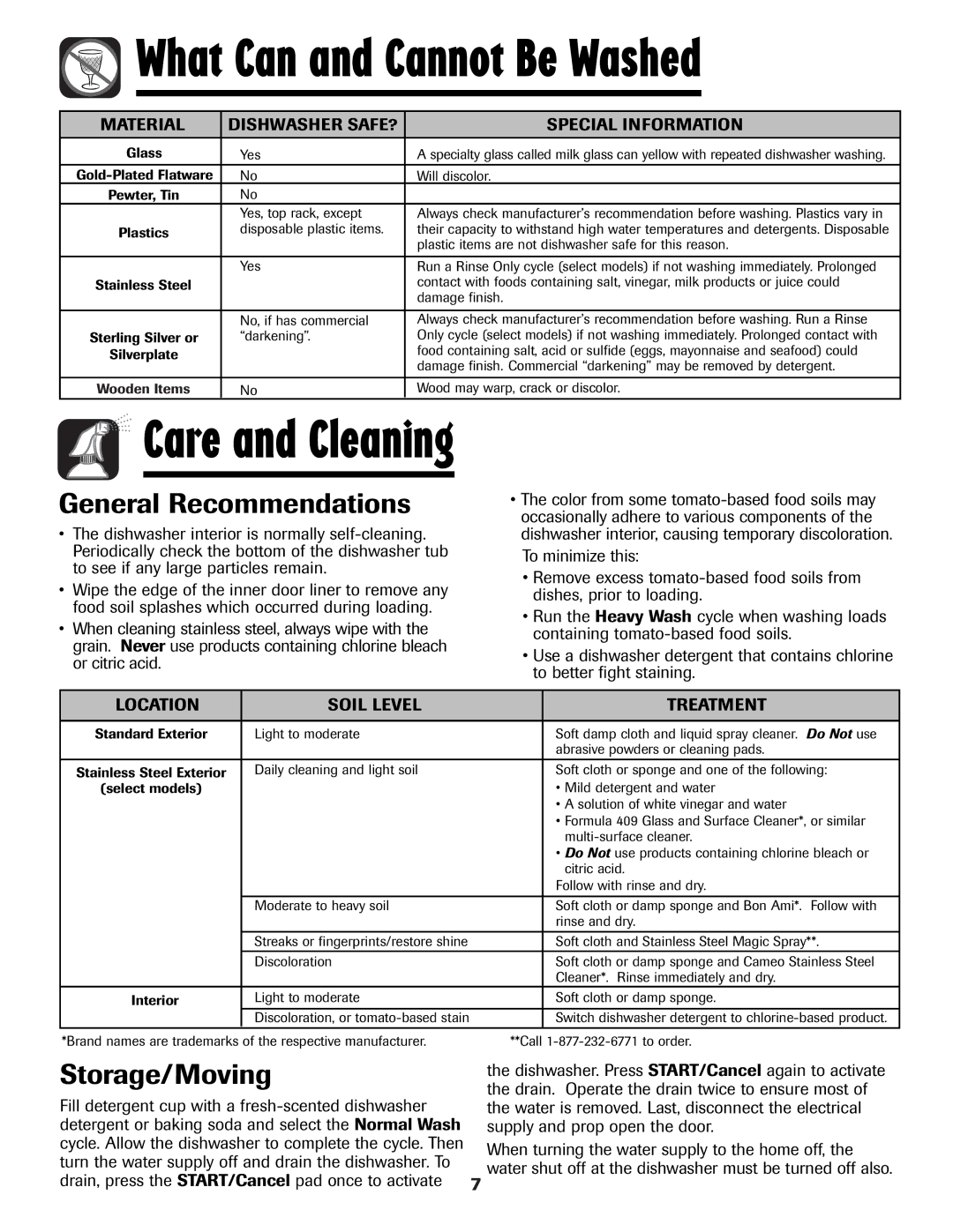 Maytag MDB-7 warranty Storage/Moving, Location Soil Level Treatment 