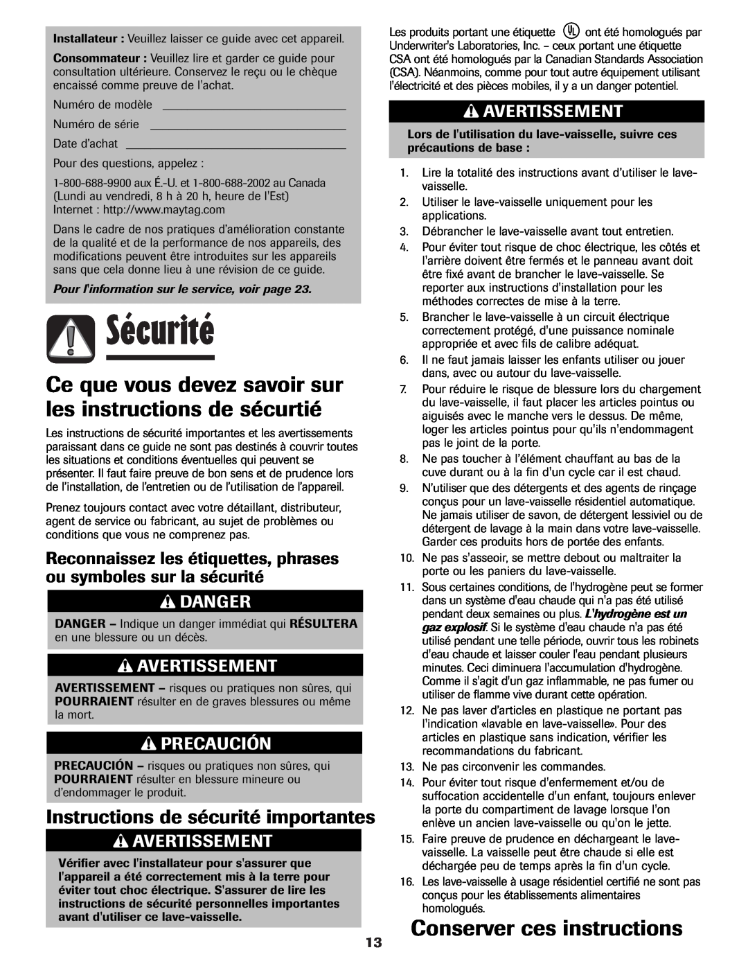 Maytag MDB-7 Sécurité, Ce que vous devez savoir sur les instructions de sécurtié, Conserver ces instructions, Precaución 