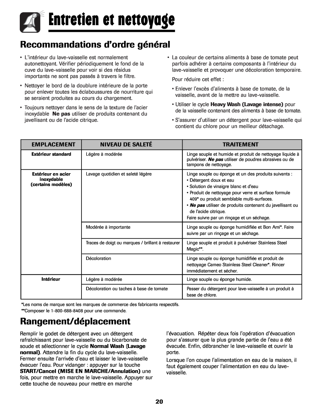 Maytag MDB-7 warranty Entretien et nettoyage, Recommandations d’ordre général, Rangement/déplacement 