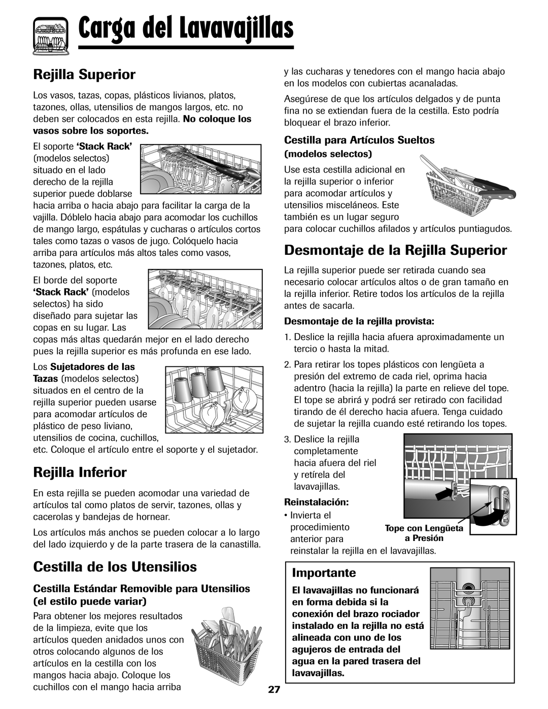 Maytag MDB-7 warranty Rejilla Superior, Utensilios, Carga del Lavavajillas, Importante 