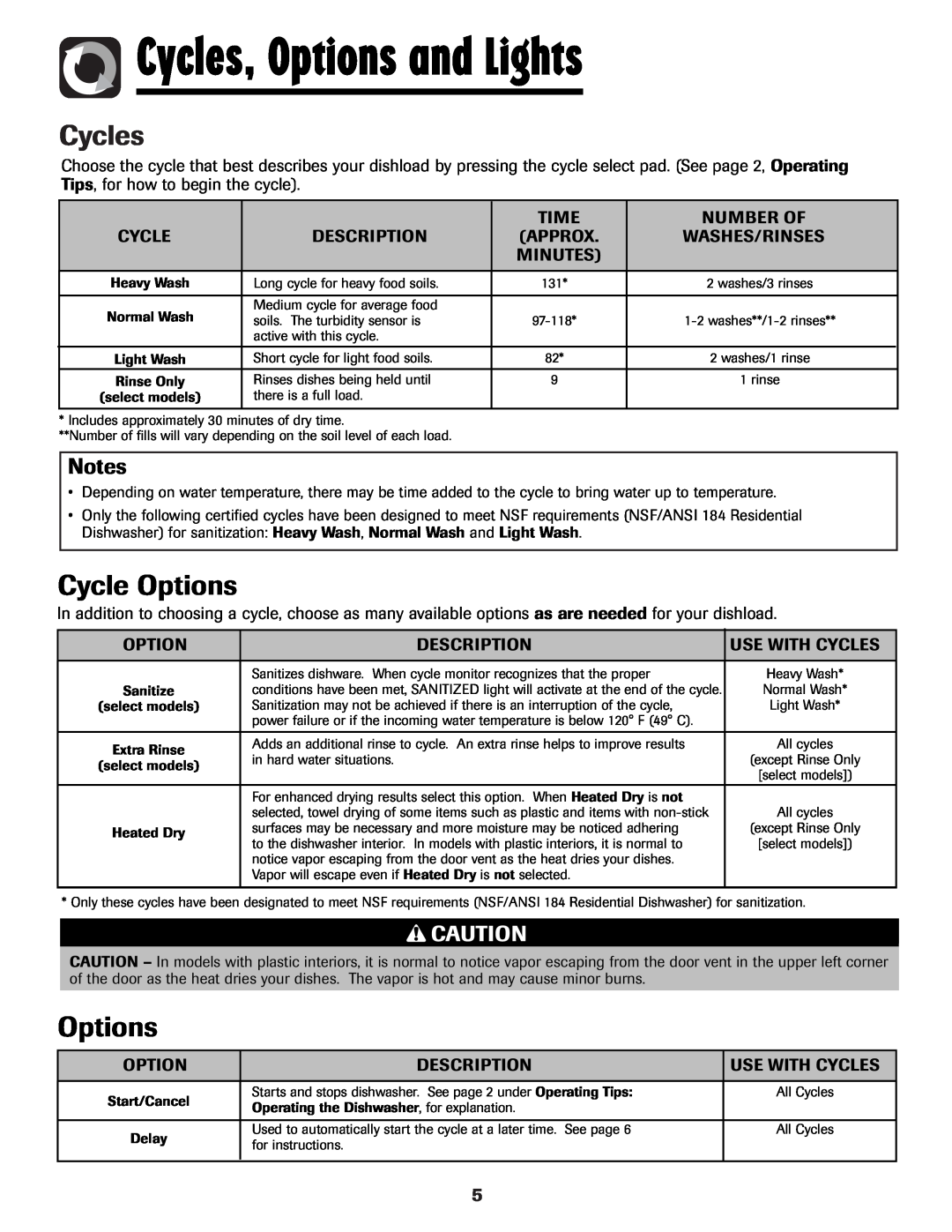 Maytag MDB-7 warranty Cycles, Options and Lights, Cycle Options 