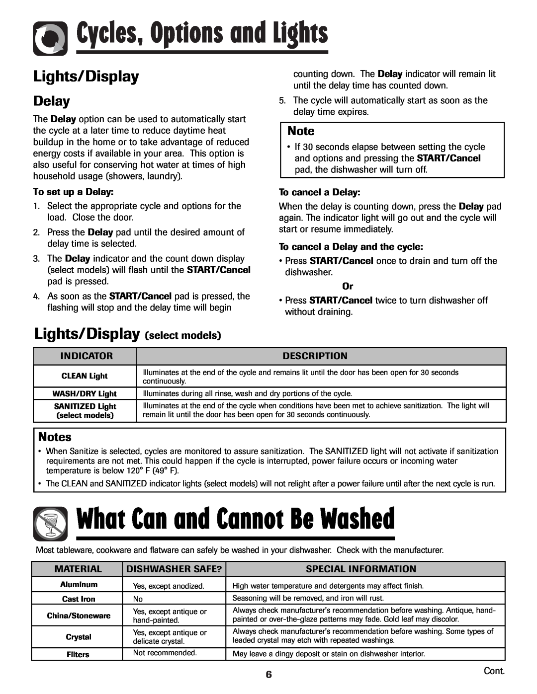 Maytag MDB-7 warranty What Can and Cannot Be Washed, Lights/Display select models, Delay, Cycles, Options and Lights 