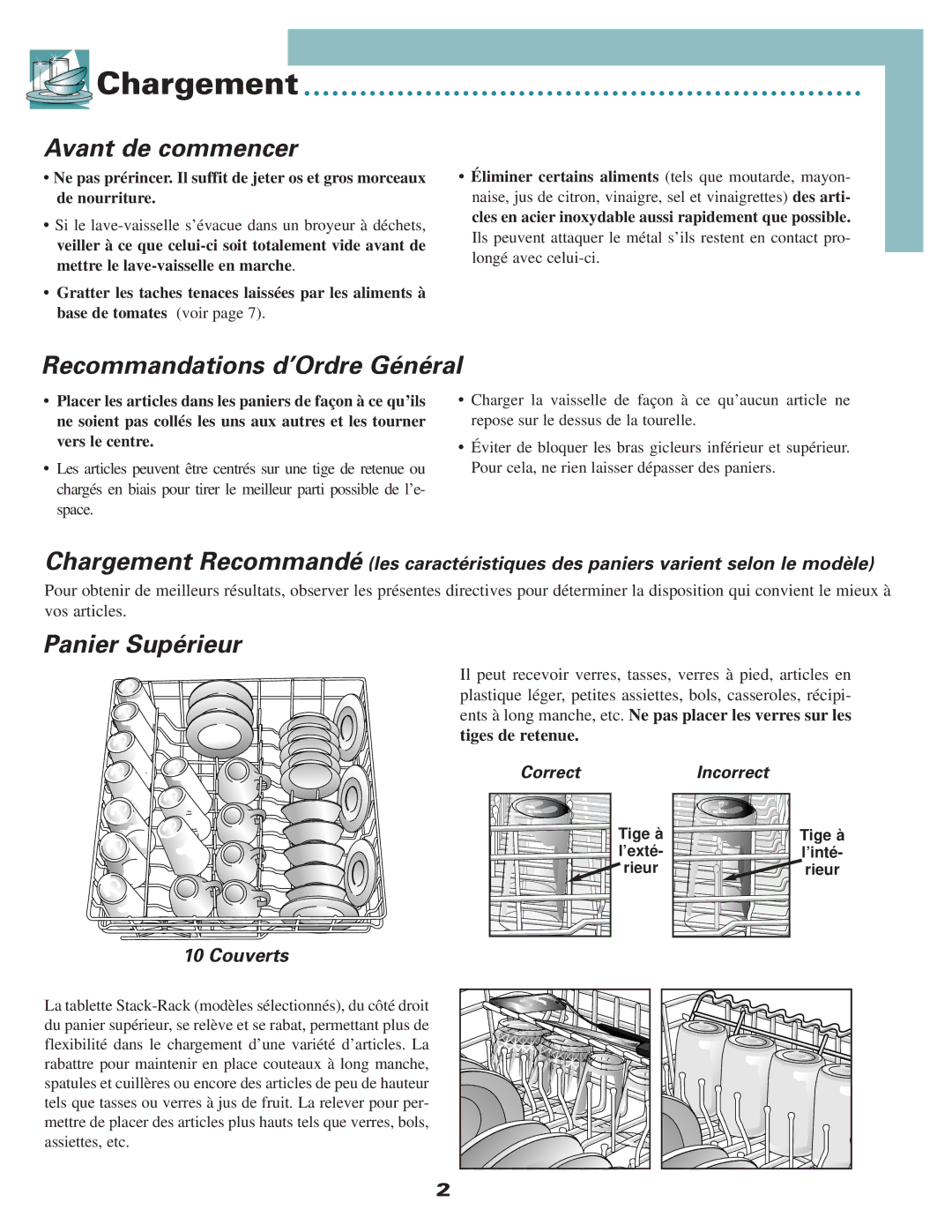 Maytag MDC4100, MDB3100 warranty Chargement, Avant de commencer, Recommandations d’Ordre Général, Panier Supérieur, Couverts 