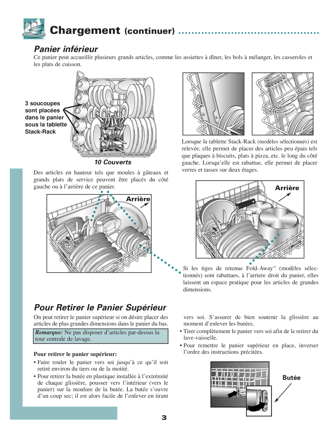 Maytag 6 915555 B, MDB3100 warranty Chargement continuer, Panier inférieur, Pour Retirer le Panier Supérieur, Arrière, Butée 