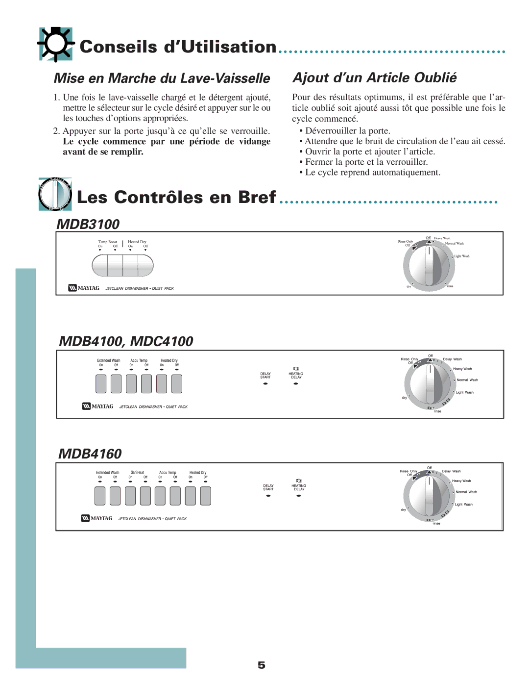 Maytag MDB3100 Conseils d’Utilisation, Les Contrôles en Bref, Mise en Marche du Lave-Vaisselle Ajout d’un Article Oublié 