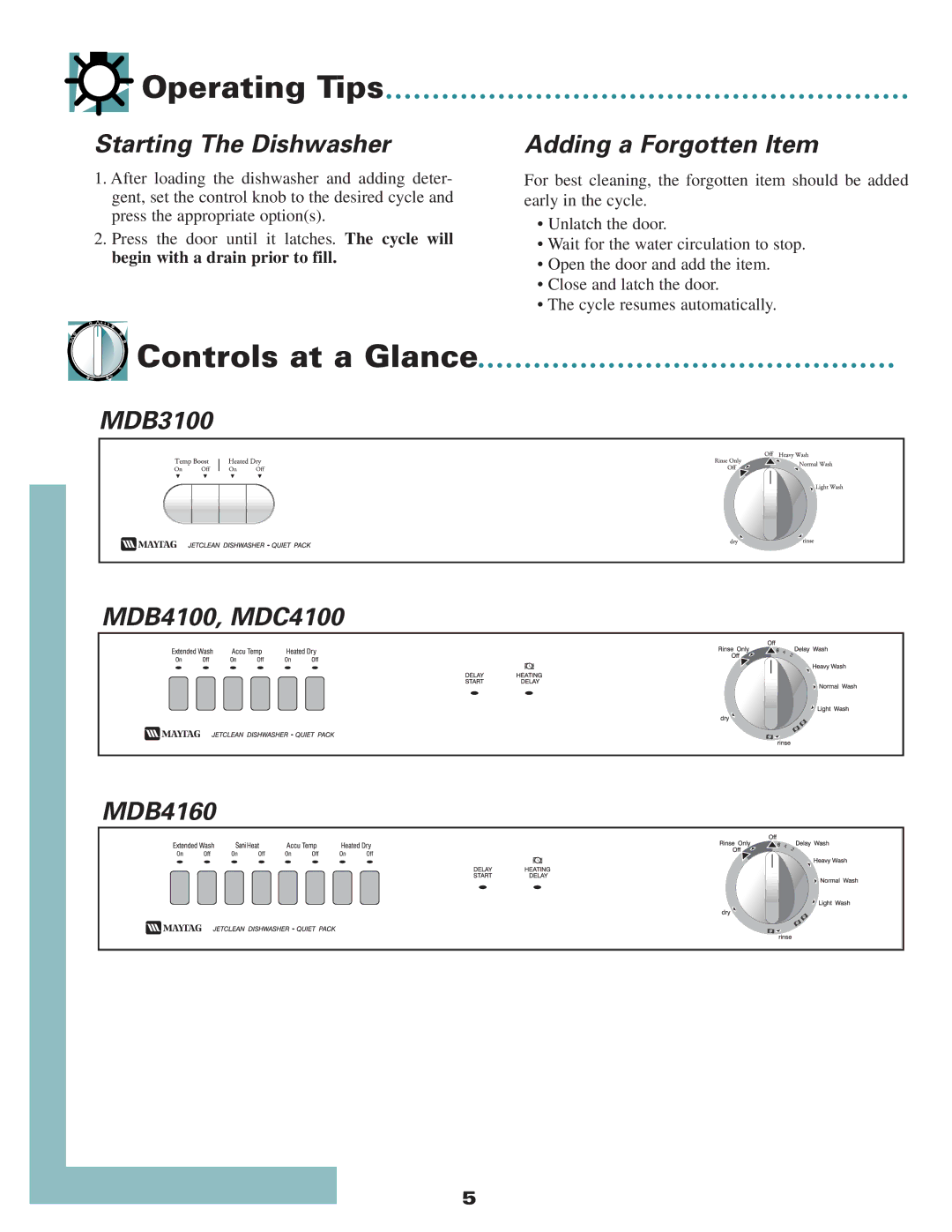 Maytag MDB4100, MDBD820 Operating Tips, Controls at a Glance, Starting The Dishwasher, MDB3100 Adding a Forgotten Item 