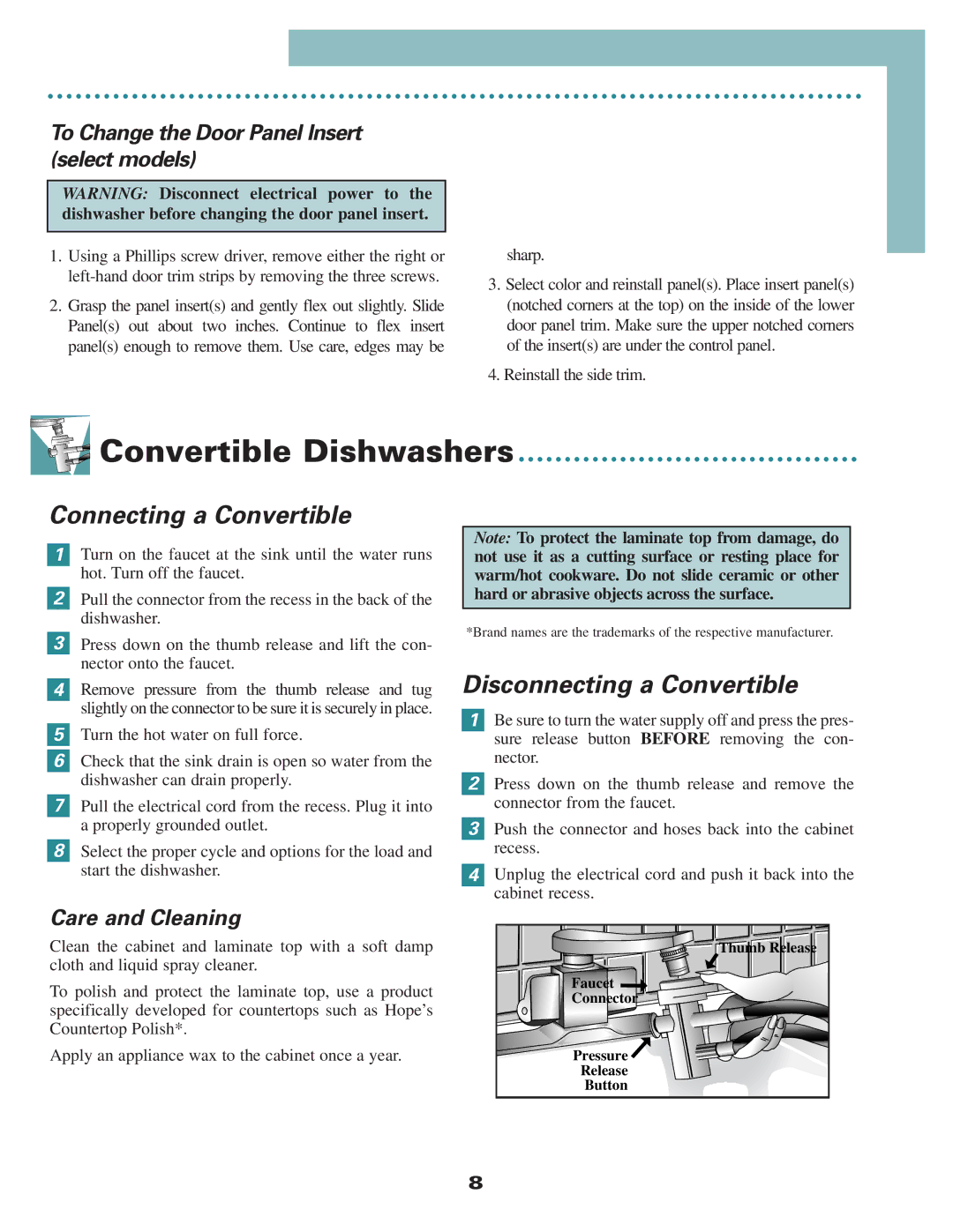 Maytag MDC4100, MDB3100 Convertible Dishwashers, Connecting a Convertible, Disconnecting a Convertible, Care and Cleaning 