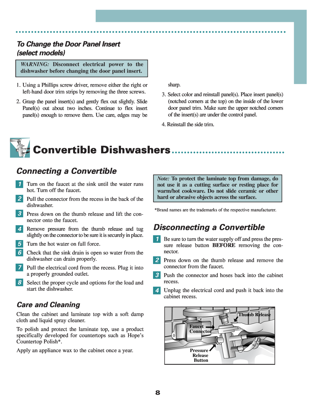 Maytag MDC4100, MDB3100 Convertible Dishwashers, Connecting a Convertible, Disconnecting a Convertible, Care and Cleaning 