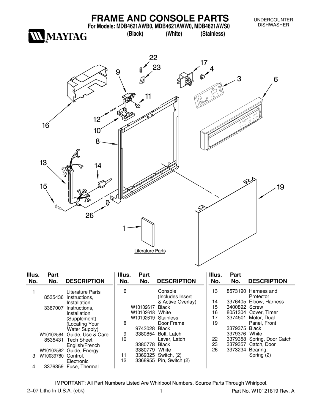 Maytag MDB4621AWS0, MDB4621AWB0 manual Frame and Console Parts, Illus. Part No. No. Description 