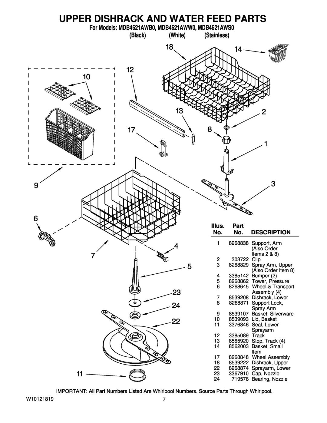 Maytag manual Upper Dishrack And Water Feed Parts, Illus, For Models MDB4621AWB0, MDB4621AWW0, MDB4621AWS0, Description 