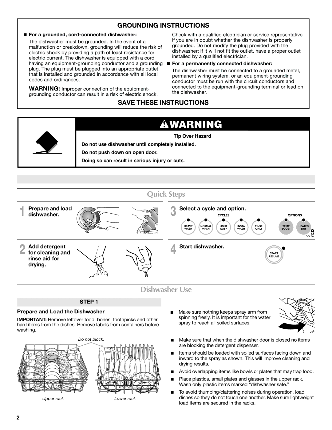 Maytag MDB4621AWW0 Quick Steps, Dishwasher Use, Grounding Instructions, Prepare and load, Prepare and Load the Dishwasher 