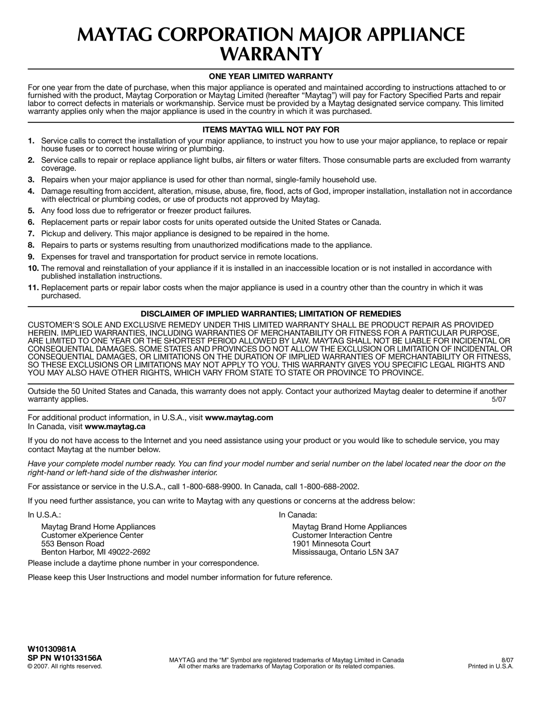 Maytag MDB4621AWW0 important safety instructions Maytag Corporation Major Appliance Warranty, W10130981A SP PN W10133156A 