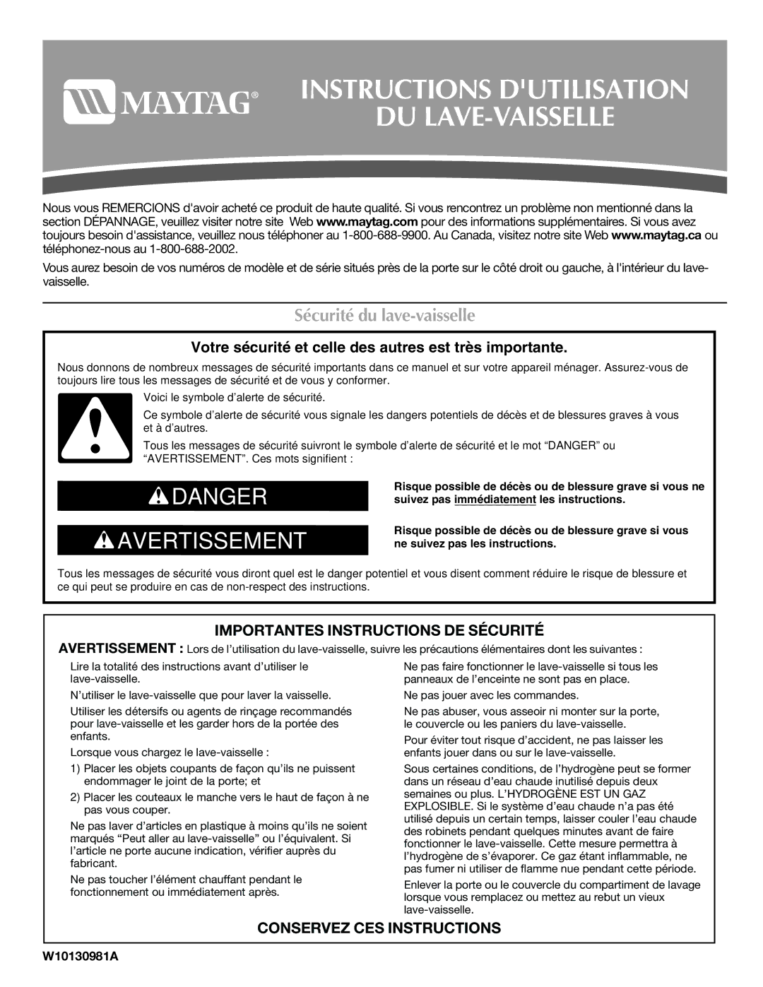 Maytag MDB4621AWW0 Sécurité du lave-vaisselle, Importantes Instructions DE Sécurité, Conservez CES Instructions 