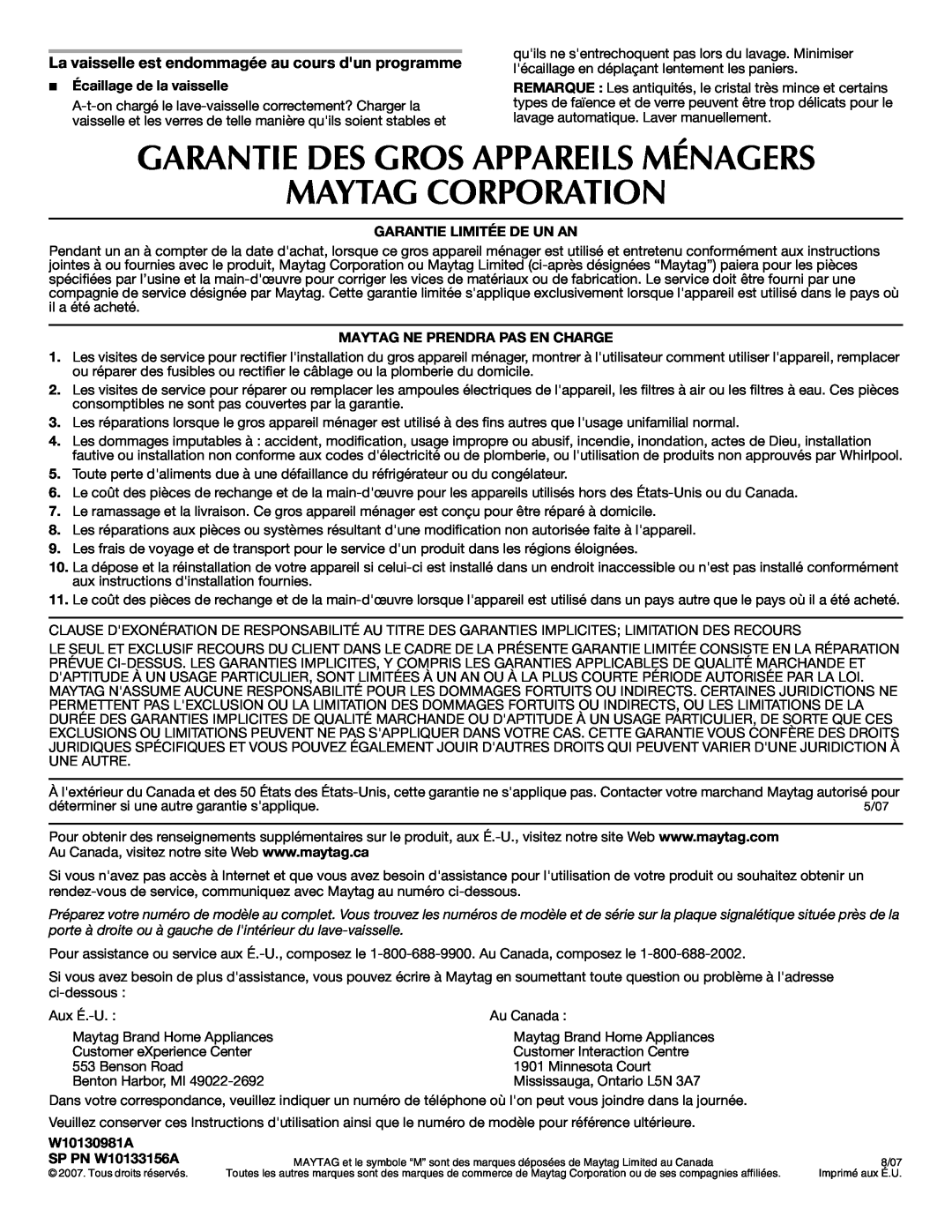 Maytag MDB4621AWW0 Garantie Des Gros Appareils Ménagers, Maytag Corporation, Écaillage de la vaisselle, W10130981A 