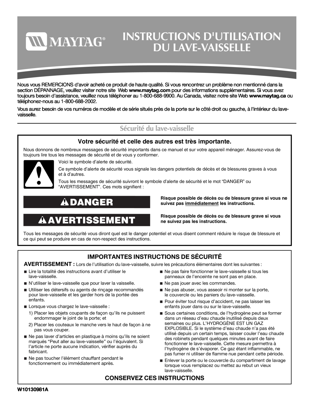 Maytag MDB4621AWW0 Instructions Dutilisation Du Lave-Vaisselle, Danger Avertissement, Sécurité du lave-vaisselle 