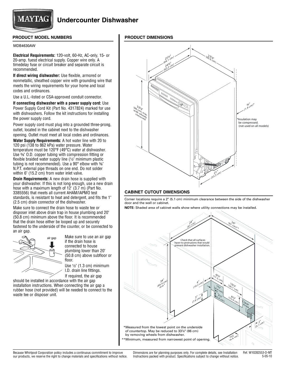 Maytag MDB4630AW dimensions Undercounter Dishwasher, Product Model Numbers, Product Dimensions, Cabinet Cutout Dimensions 