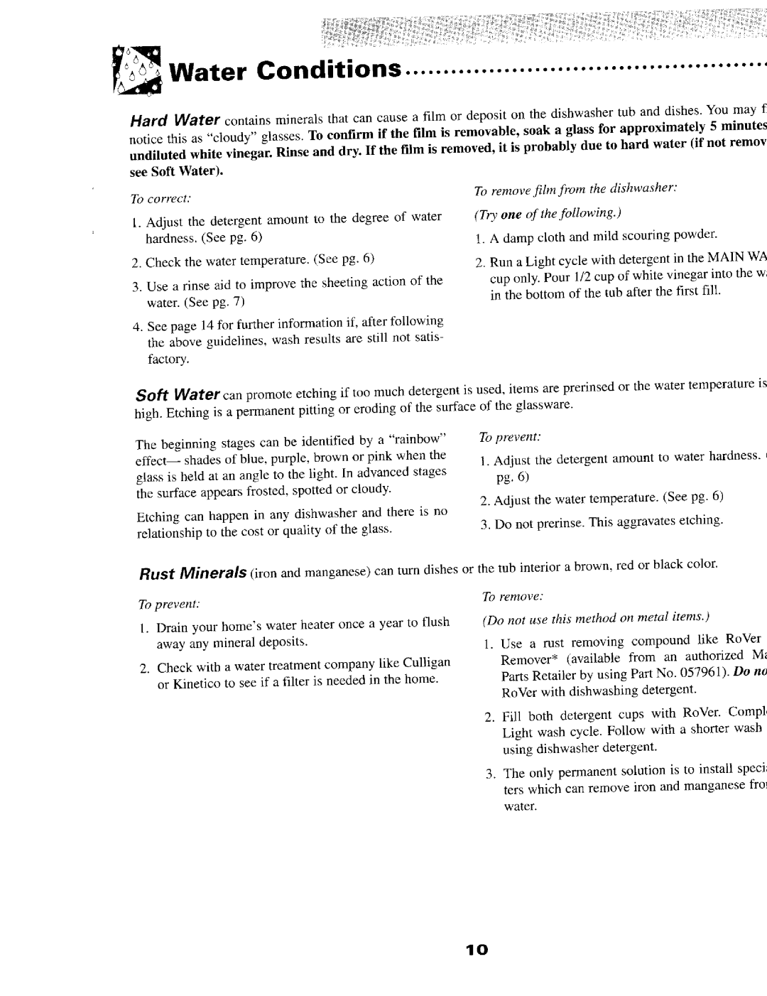 Maytag MDB6000AWA warranty Water Conditions, To correct 