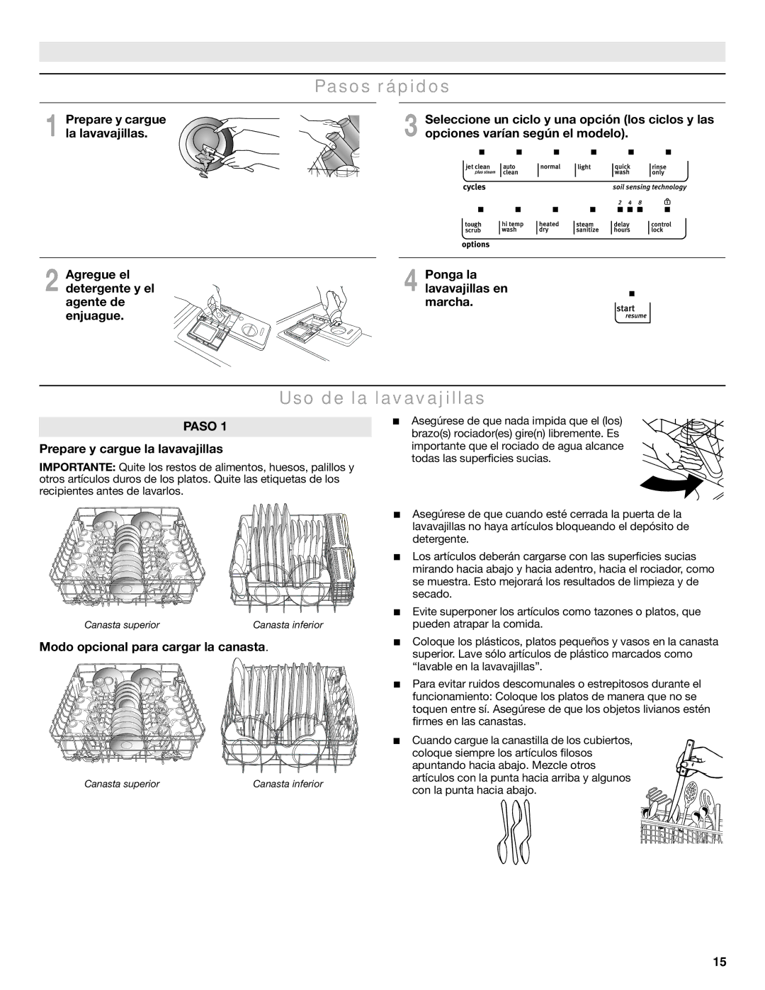 Maytag MDB6600WH warranty Pasos rápidos, Uso de la lavavajillas 