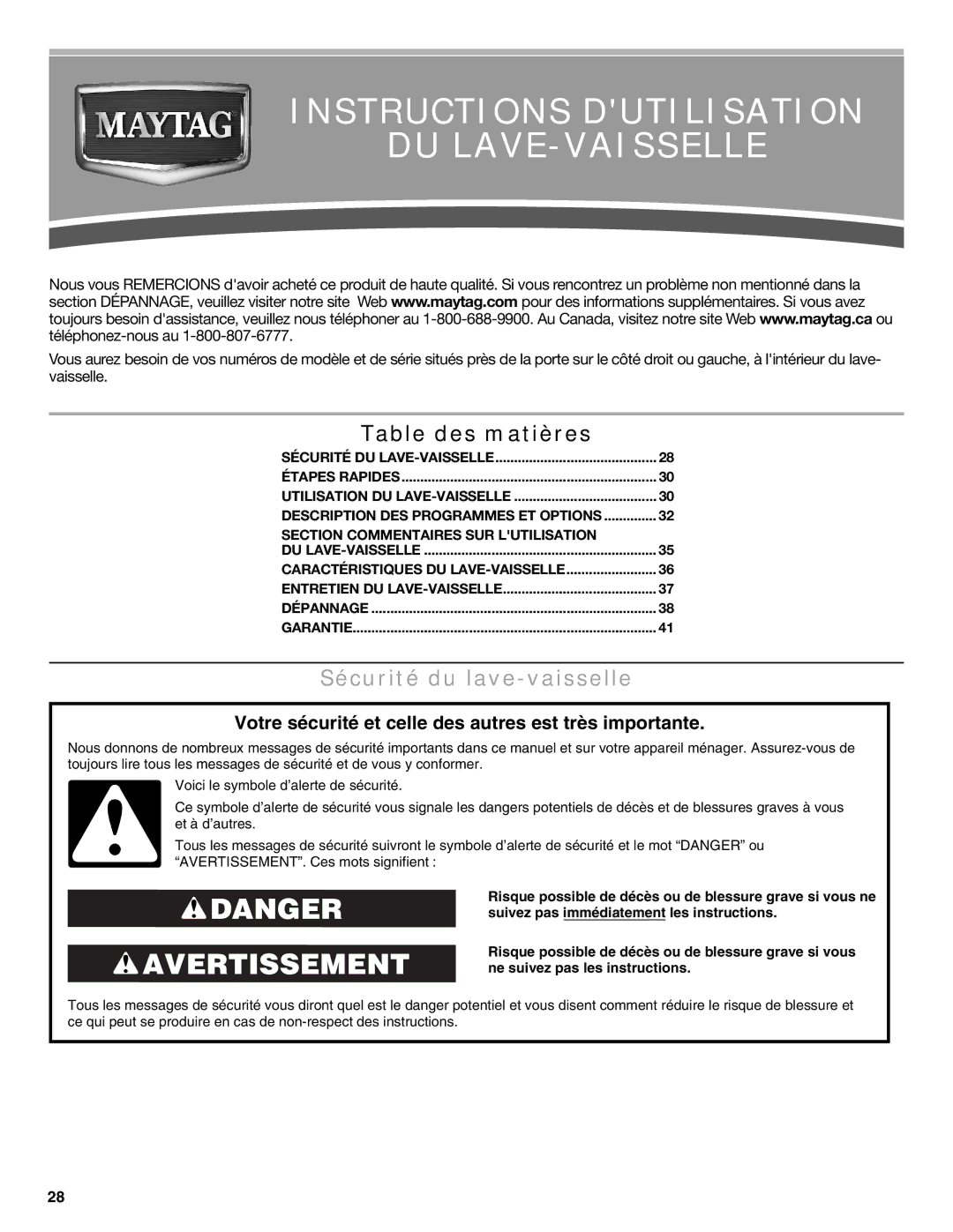 Maytag MDB6600WH warranty Instructions Dutilisation DU LAVE-VAISSELLE, Sécurité du lave-vaisselle 