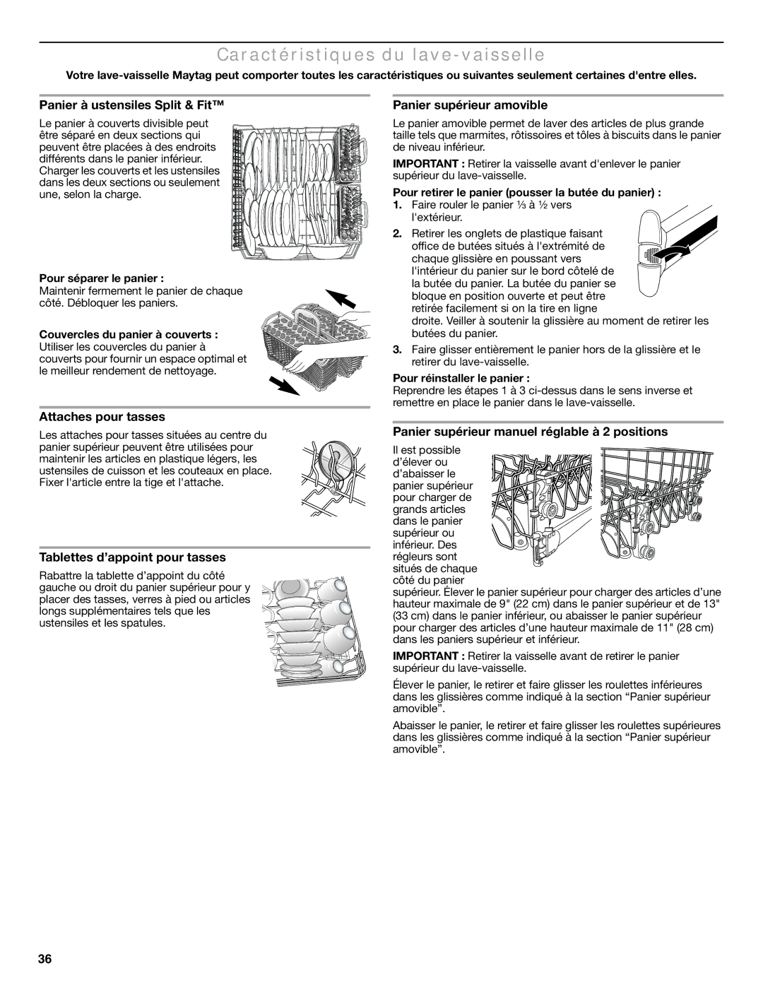 Maytag MDB6600WH warranty Caractéristiques du lave-vaisselle 