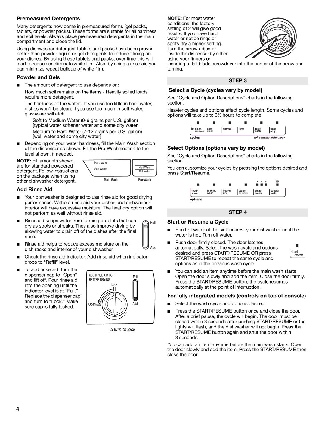 Maytag MDB6600WH warranty Premeasured Detergents, Powder and Gels, Add Rinse Aid, Select a Cycle cycles vary by model 