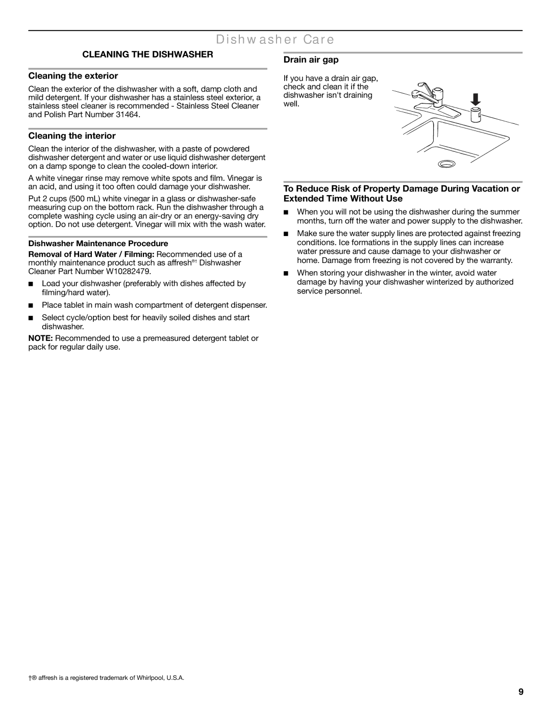 Maytag MDB6600WH Dishwasher Care, Cleaning the Dishwasher, Drain air gap Cleaning the exterior, Cleaning the interior 