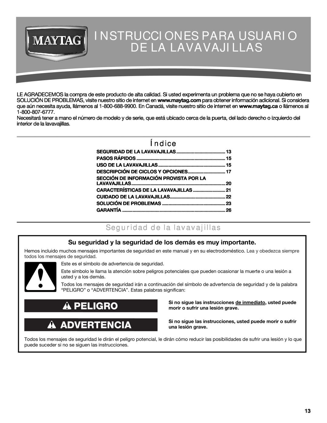 Maytag MDB6600WH Instrucciones Para Usuario De La Lavavajillas, Índice, Seguridad de la lavavajillas, Peligro Advertencia 