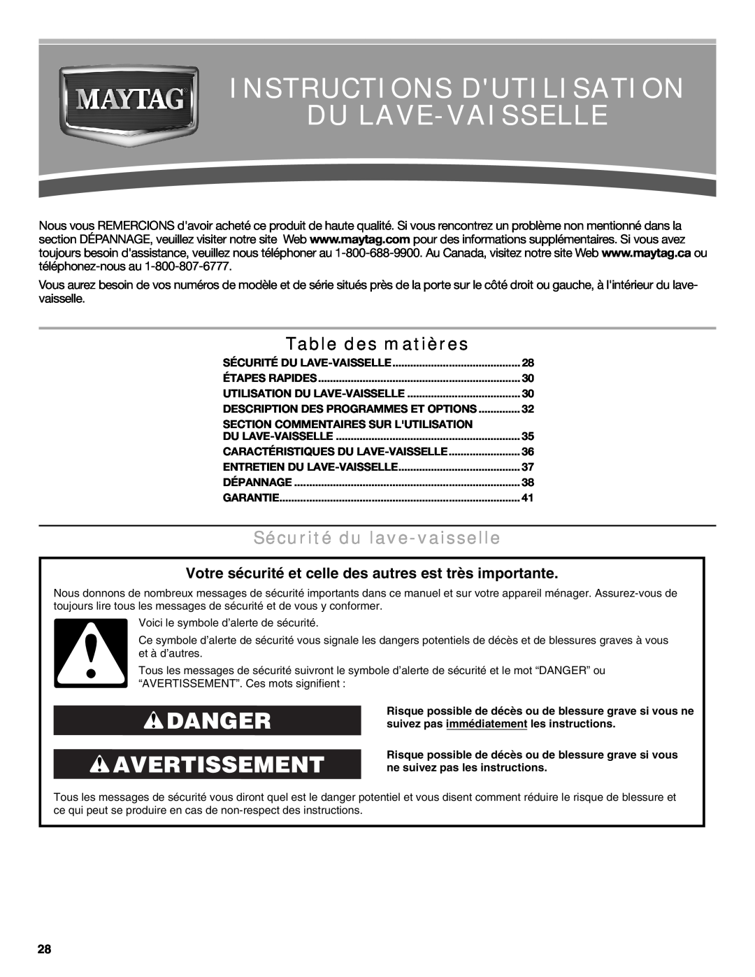 Maytag MDB6600WH warranty Instructions Dutilisation Du Lave-Vaisselle, Danger Avertissement, Table des matières 