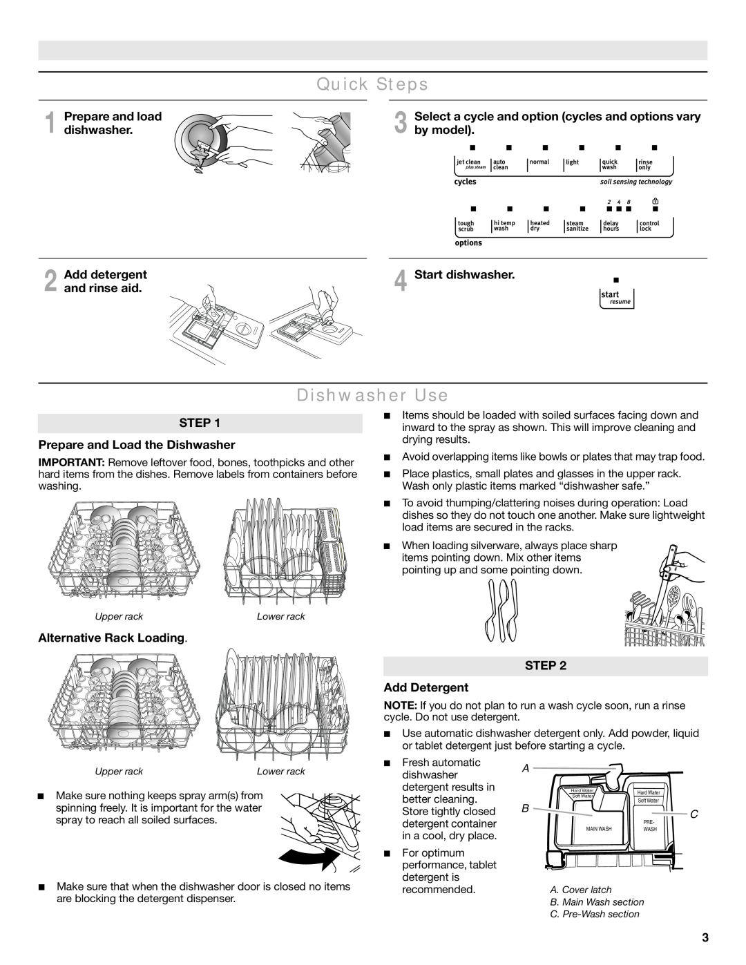 Maytag MDB6600WH warranty Quick Steps, Dishwasher Use, Prepare and load, by model, Add detergent, Start dishwasher 