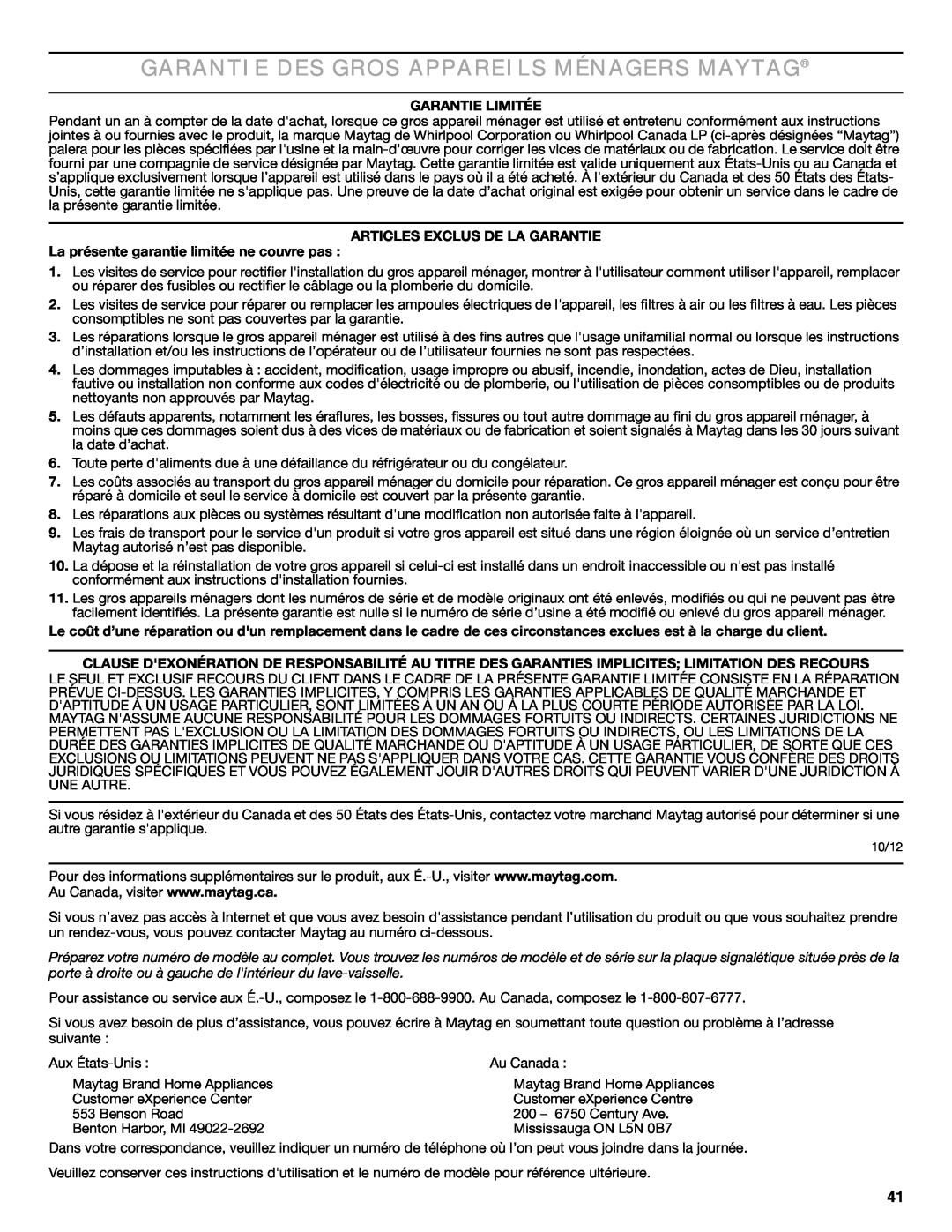 Maytag MDB6600WH warranty Garantie Des Gros Appareils Ménagers Maytag, Garantie Limitée, Articles Exclus De La Garantie 