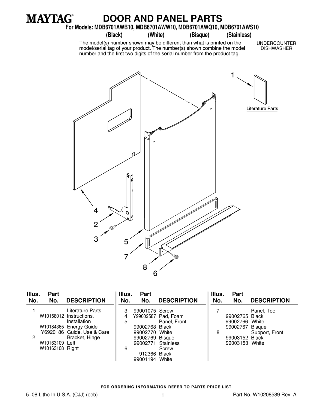 Maytag MDB6701AWW10, MDB6701AWB10, MDB6701AWS10, MDB6701AWQ10 manual Door and Panel Parts, Illus. Part No. No. Description 