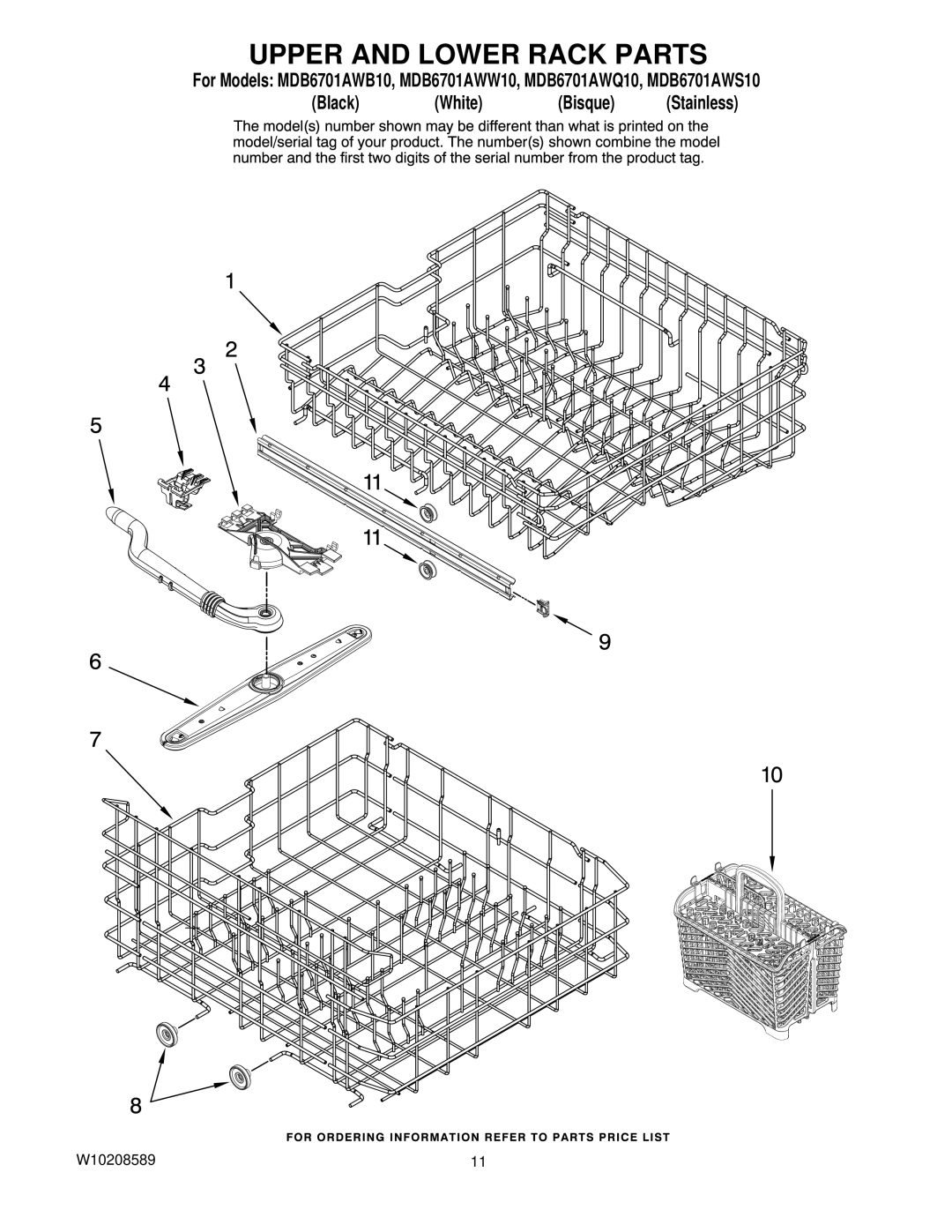 Maytag MDB6701AWQ10, MDB6701AWB10, MDB6701AWW10, MDB6701AWS10 manual Upper and Lower Rack Parts 