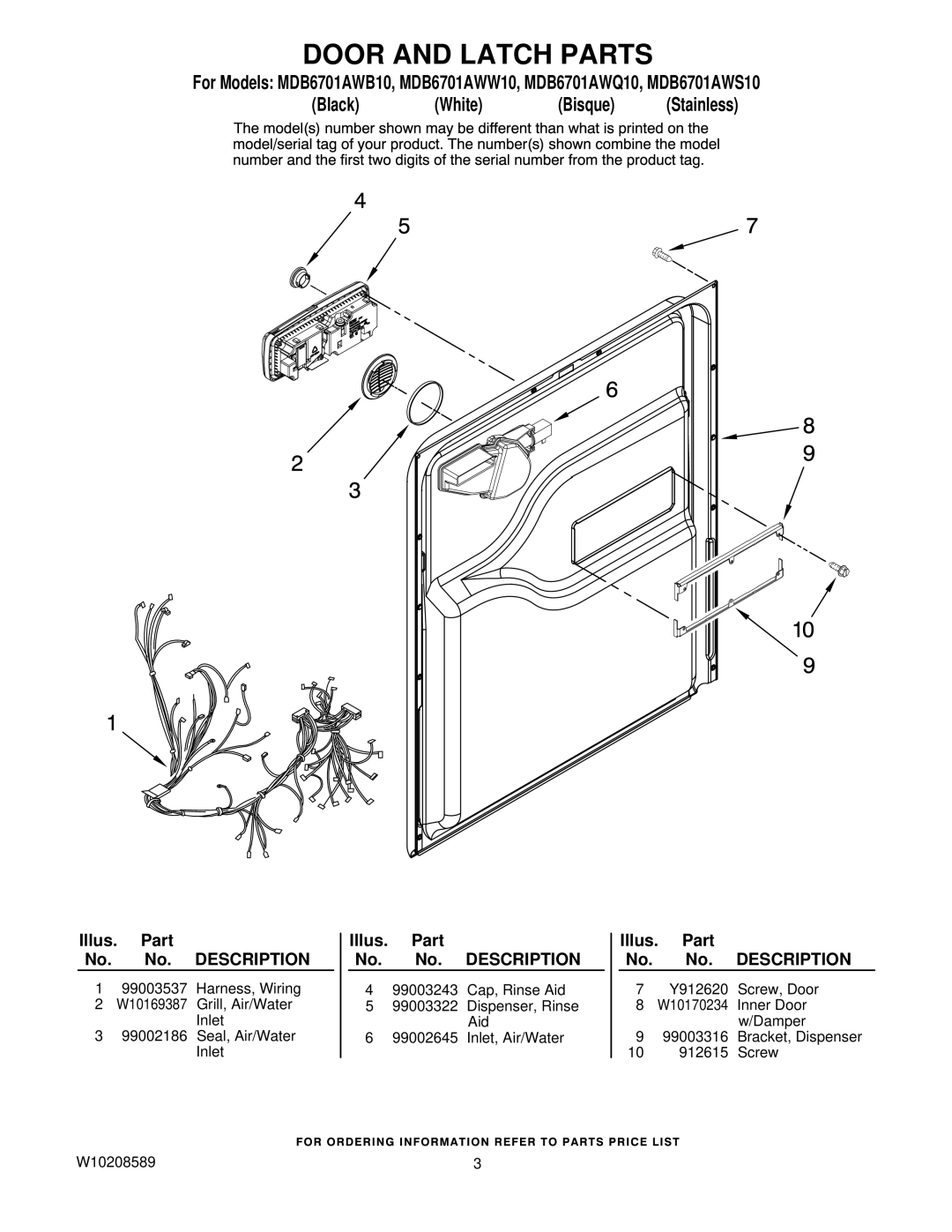 Maytag MDB6701AWQ10, MDB6701AWB10, MDB6701AWW10, MDB6701AWS10 manual Door and Latch Parts 