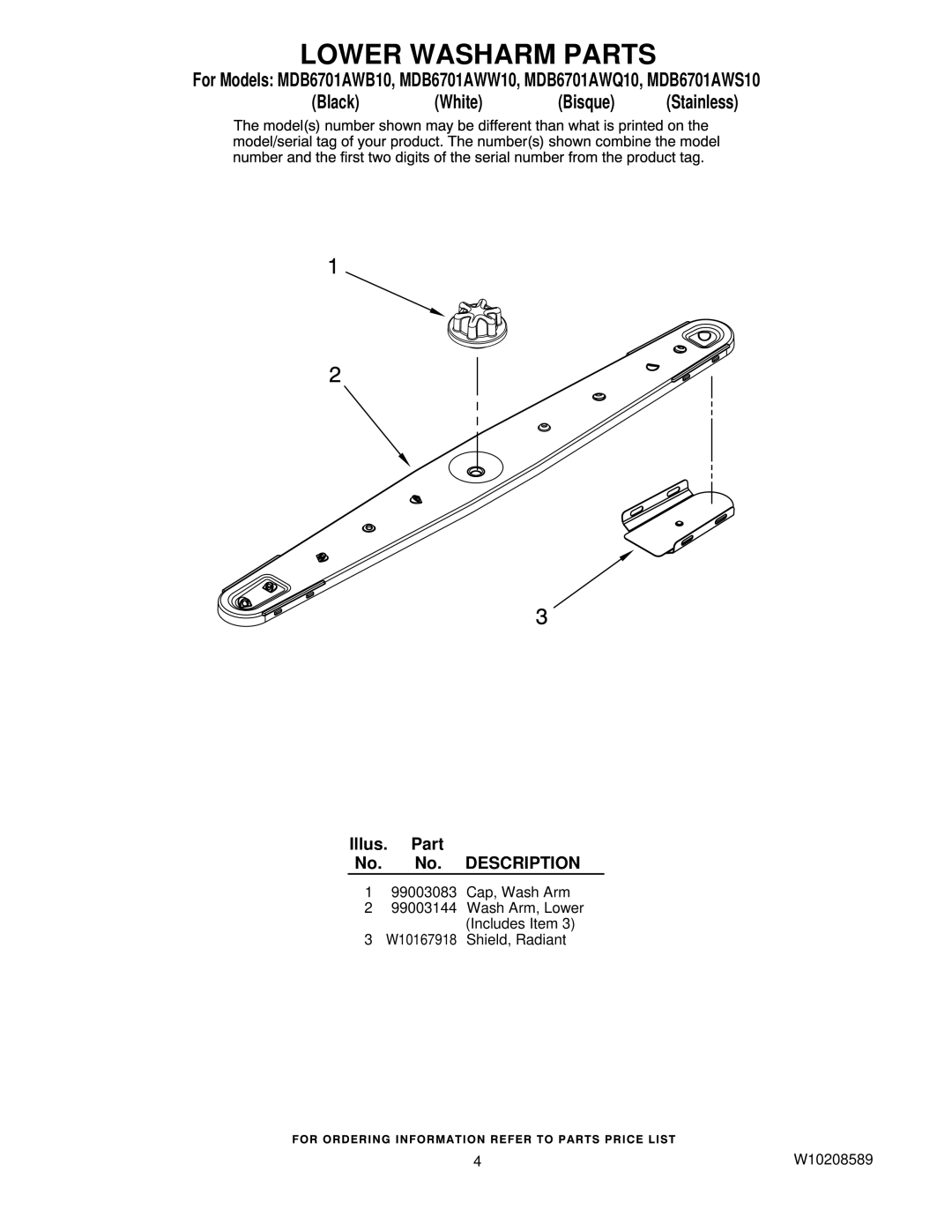 Maytag MDB6701AWB10, MDB6701AWW10, MDB6701AWS10, MDB6701AWQ10 manual Lower Washarm Parts 