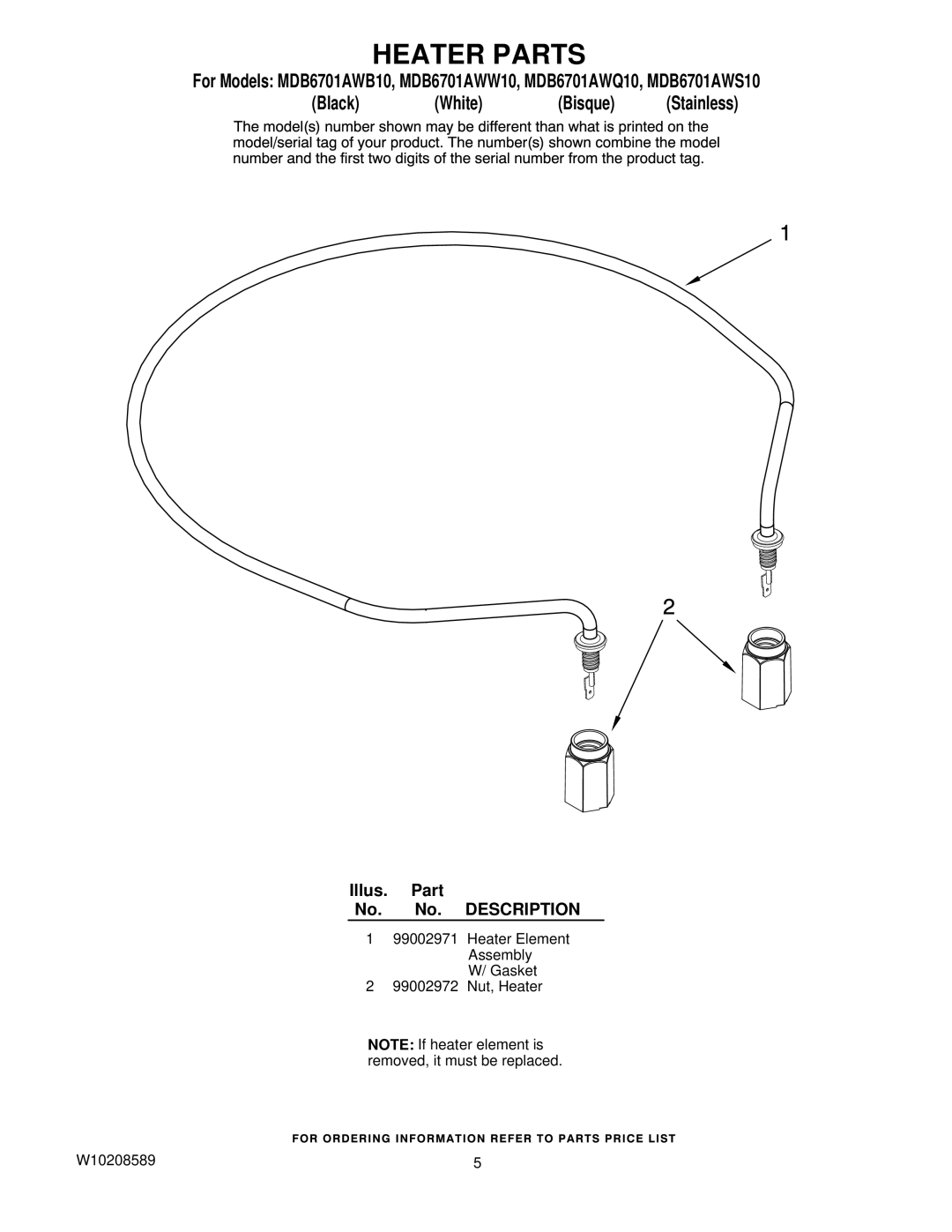 Maytag MDB6701AWW10, MDB6701AWB10, MDB6701AWS10, MDB6701AWQ10 manual Heater Parts 