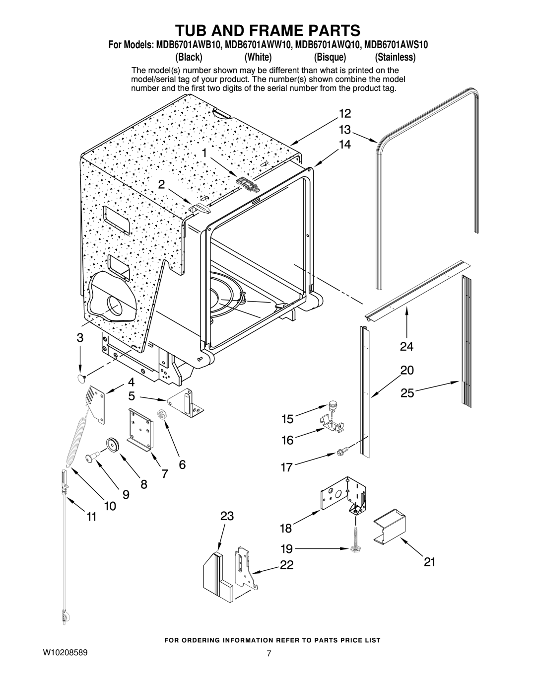 Maytag MDB6701AWQ10, MDB6701AWB10, MDB6701AWW10, MDB6701AWS10 manual TUB and Frame Parts 