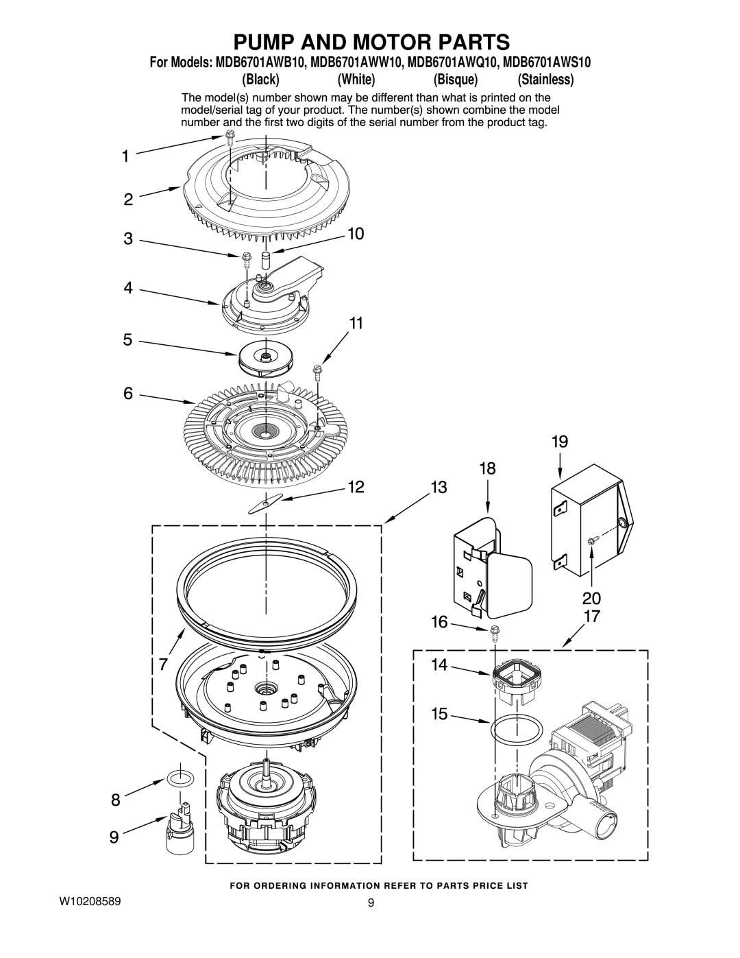 Maytag MDB6701AWW10, MDB6701AWB10, MDB6701AWS10, MDB6701AWQ10 manual Pump and Motor Parts 