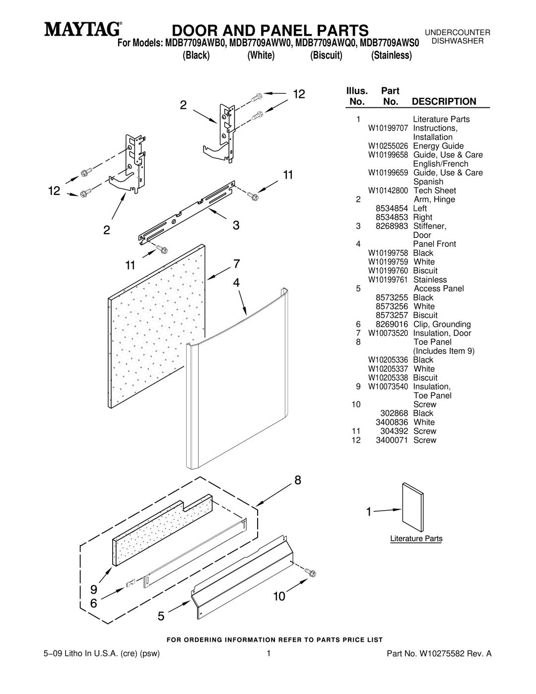 Maytag MDB7709AWW0, MDB7709AWB0, MDB7709AWQ0, MDB7709AWS0 manual Door and Panel Parts, Description 