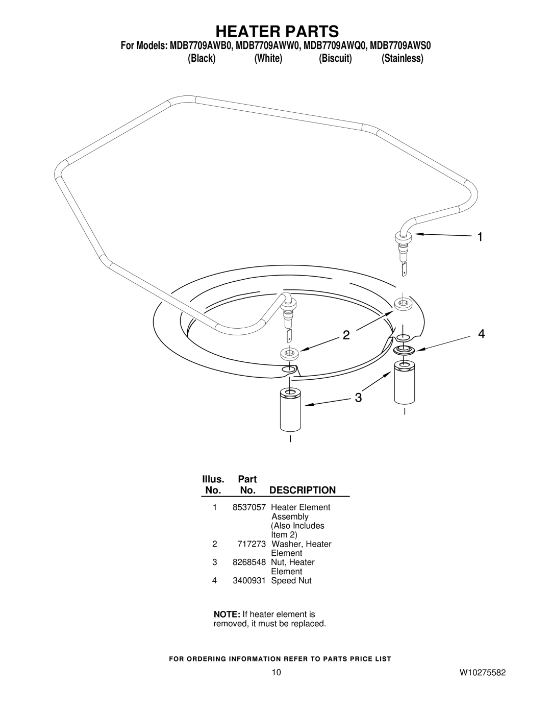 Maytag MDB7709AWQ0, MDB7709AWB0, MDB7709AWW0, MDB7709AWS0 manual Heater Parts 