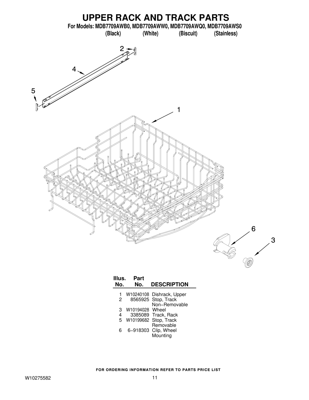 Maytag MDB7709AWS0, MDB7709AWB0, MDB7709AWW0, MDB7709AWQ0 manual Upper Rack and Track Parts 