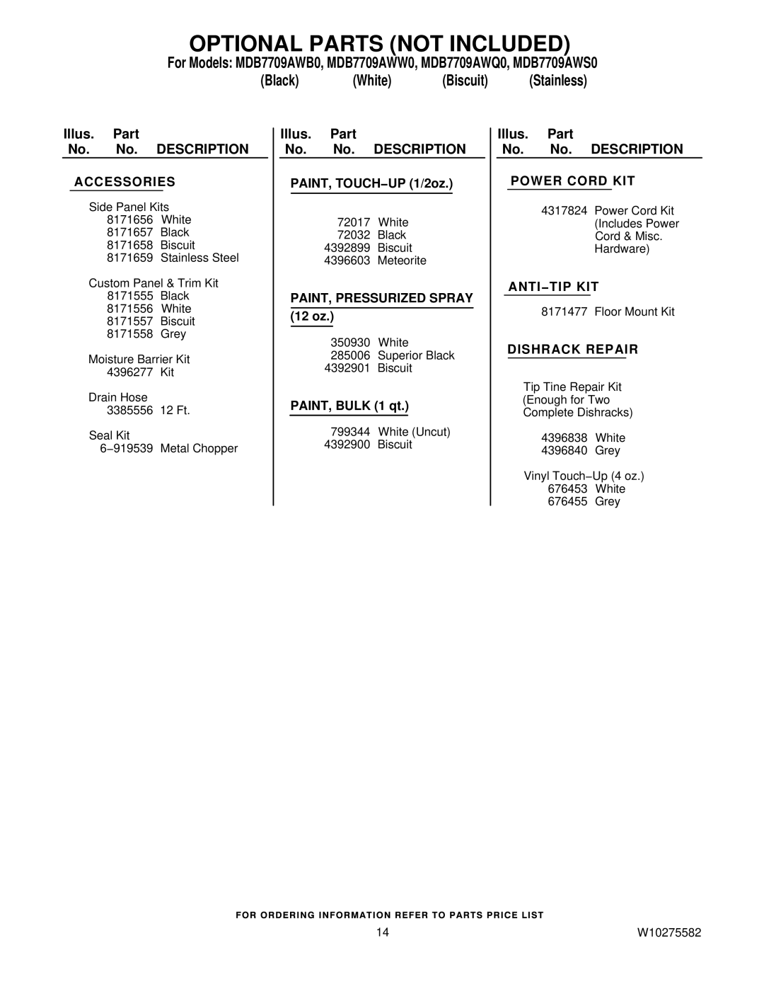 Maytag MDB7709AWQ0, MDB7709AWB0, MDB7709AWW0, MDB7709AWS0 manual Optional Parts not Included, Accessories 