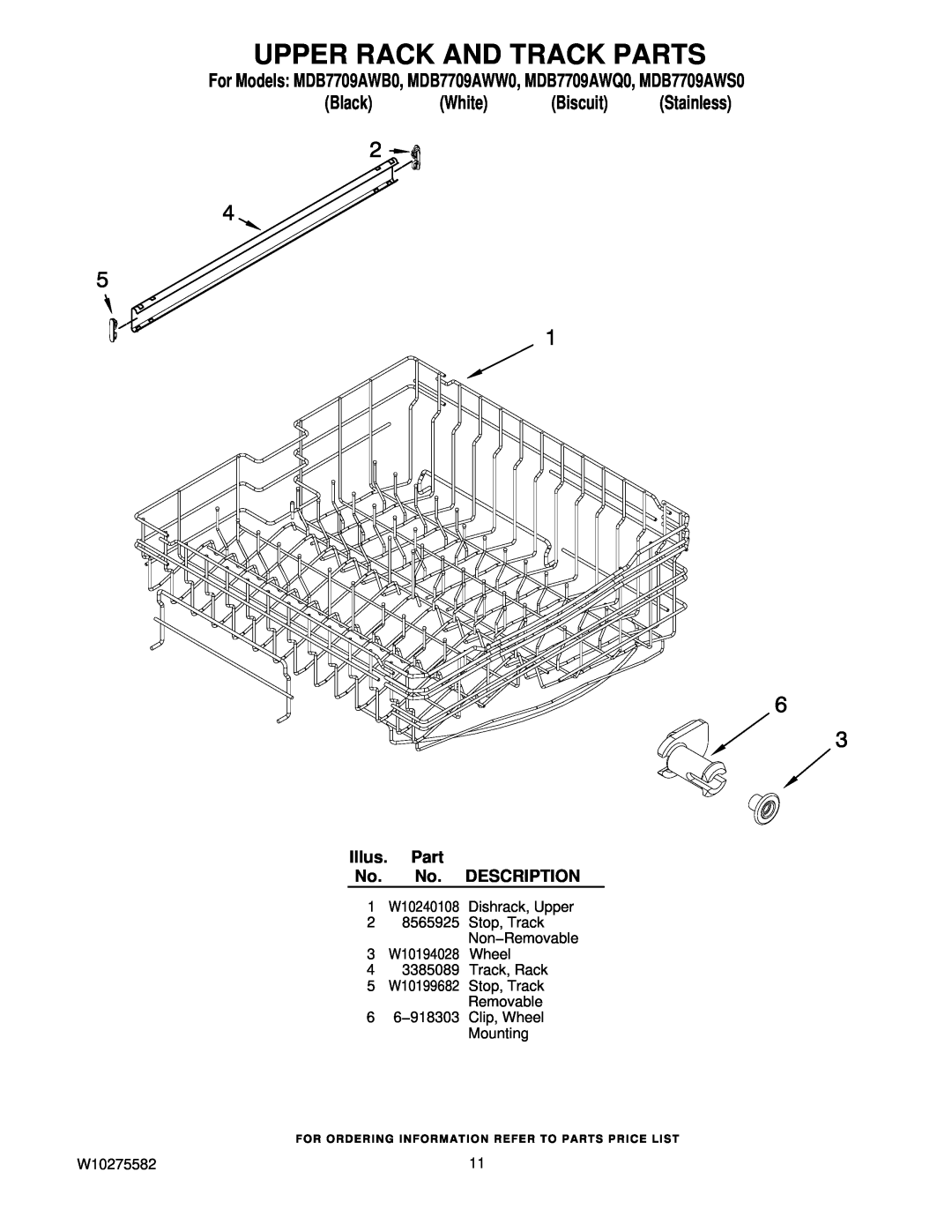 Maytag MDB7709AWS0 manual Upper Rack And Track Parts, Black, White, Biscuit, Illus. Part No. No. DESCRIPTION, Stainless 