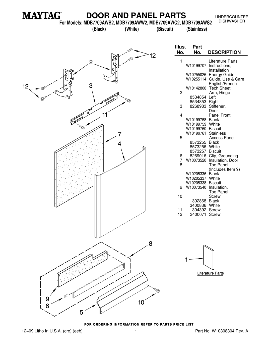 Maytag MDB7709AWQ2, MDB7709AWW2, MDB7709AWS2, MDB7709AWB2 manual Door and Panel Parts, Description 